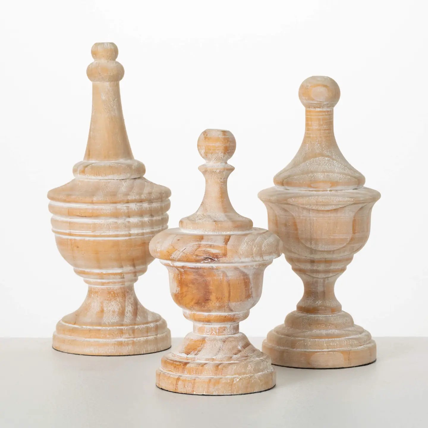 White Washed Wood Finial Set of 3